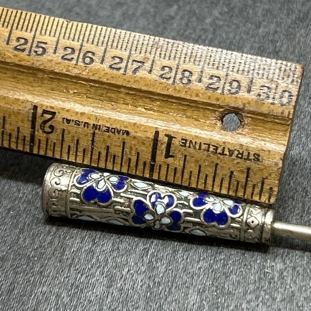 Vintage Cloisonne Enamel Long Handle Spoon Blue Floral Motif 5.25